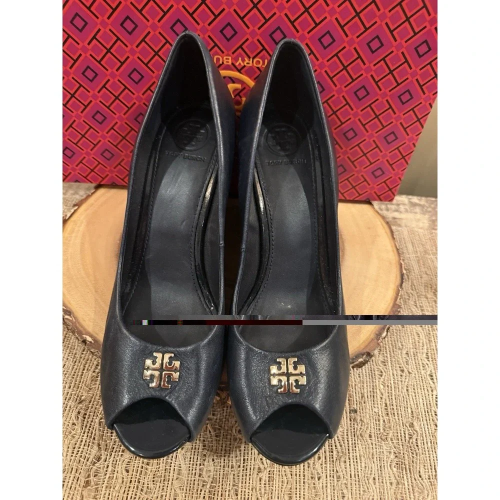 Tory Burch Jolie Peep Toe Wedge Pump Navy Blue Nappa Leather MRSP Sz-8 $290